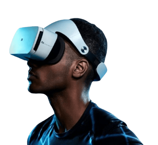 Person wearing VR headset with neural visualization